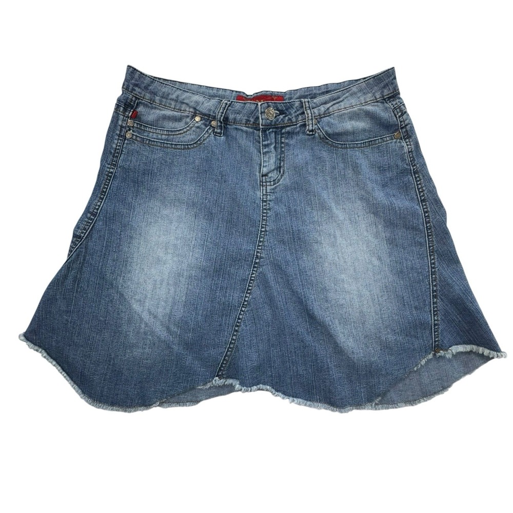 Vintage YMI Blue Denim Mini Skirt A Line Frayed Asymmetrical Hem Light Wash Sz 9